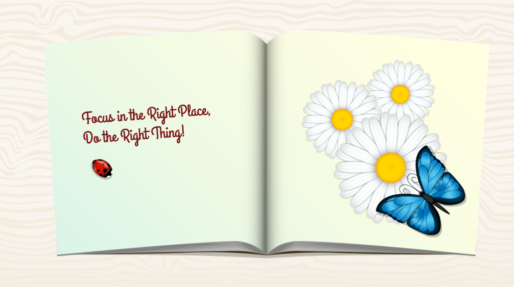 Children's book with blue butterfly on flowers