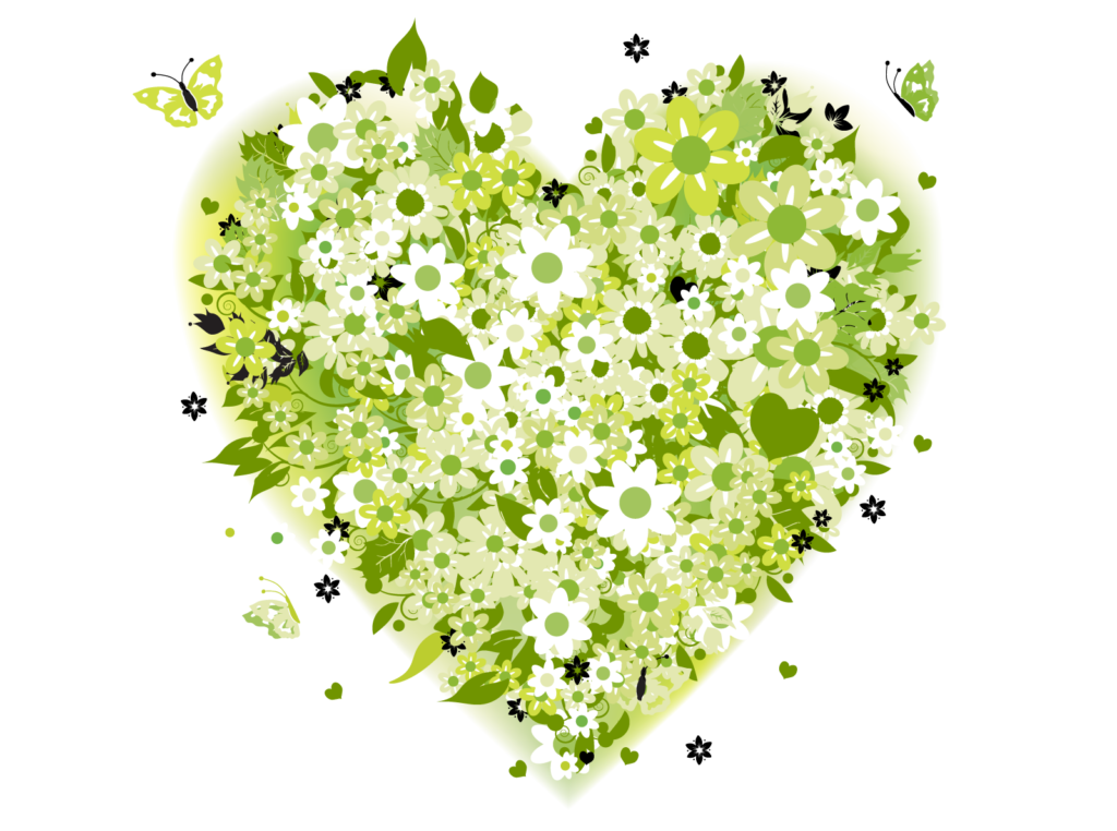 Floral heart shape with green butterflies