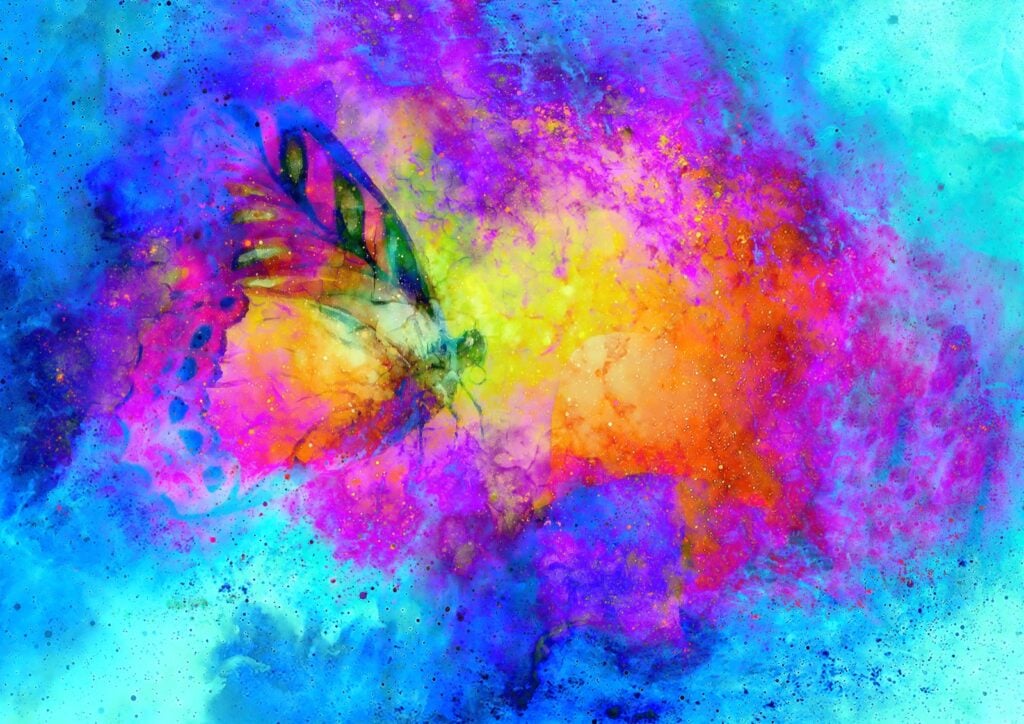 Graphic design of flying butterfly in cosmic space