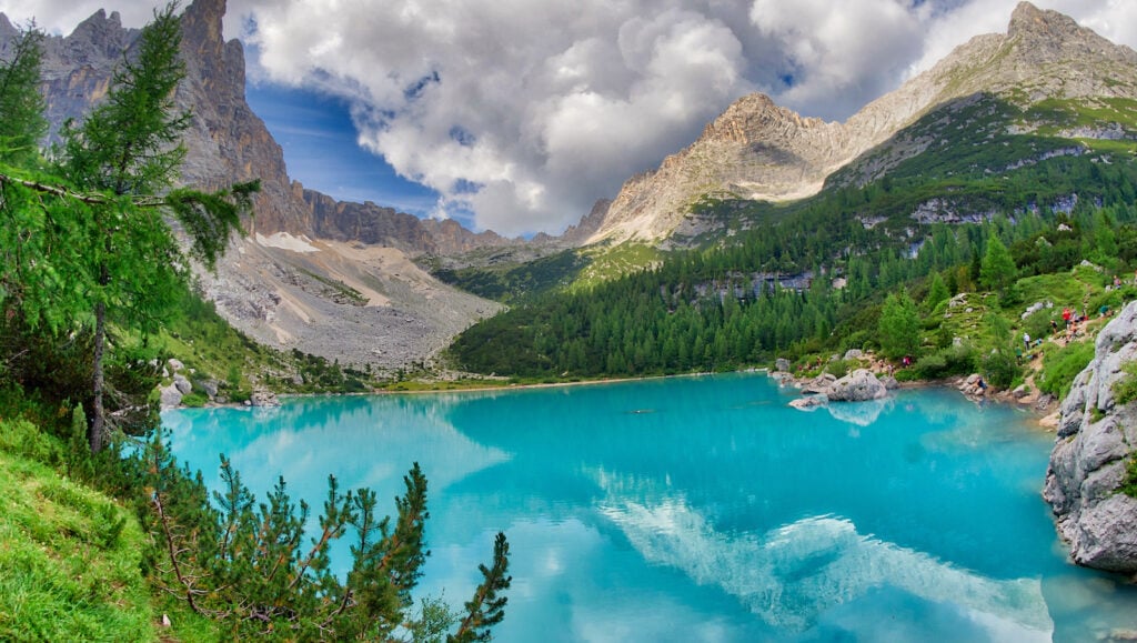 View of Sorapiss Lake in the italian alps.