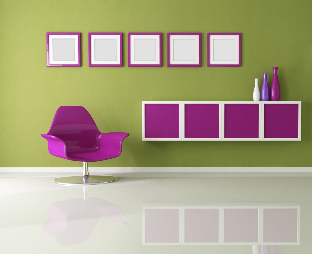 Magenta and green in living room.