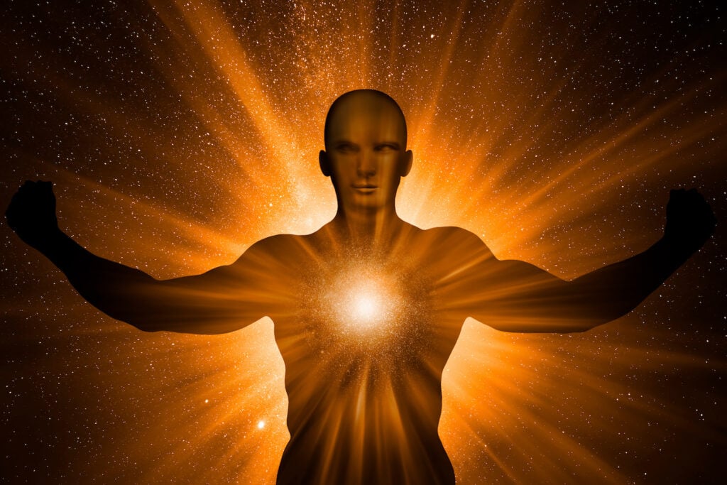 Illustrated man with a bright orange aura coming from the chest area surrounding him.