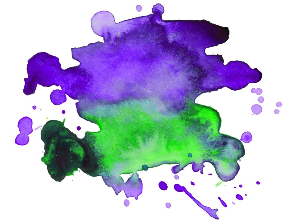 Watercolor stain with splashes and drops of green and purple.