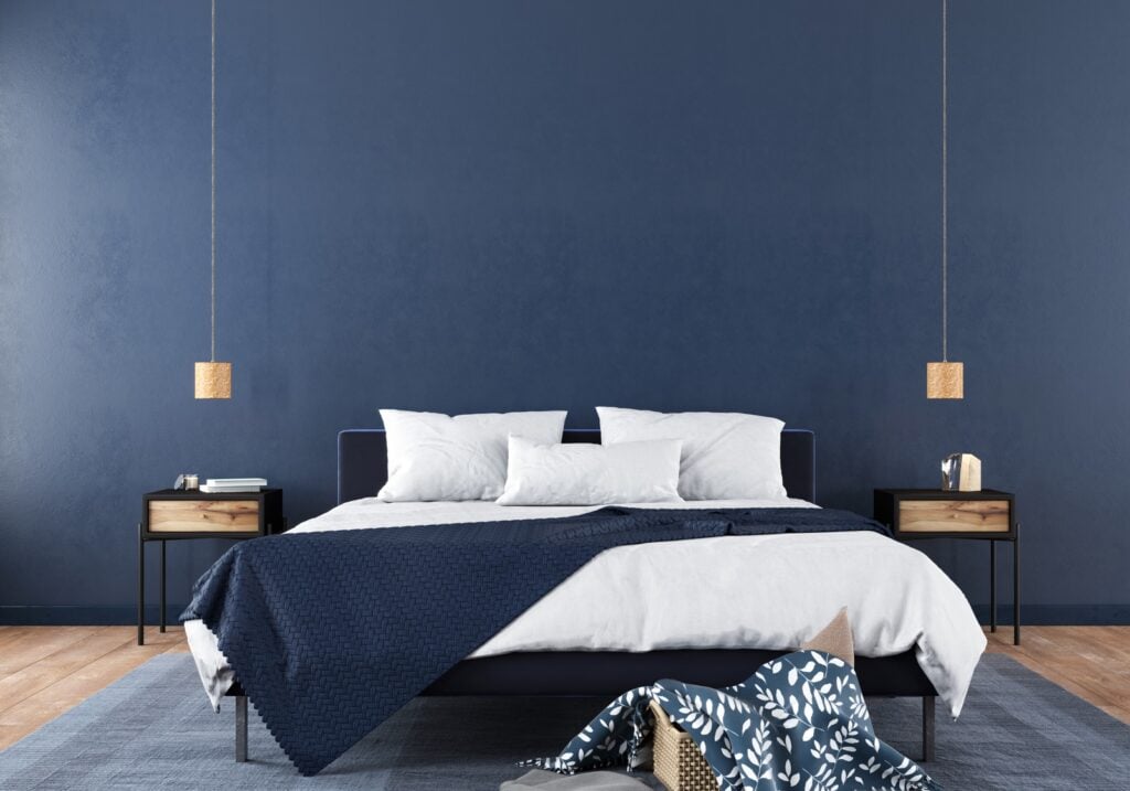 Stylish trendy blue bedroom interior