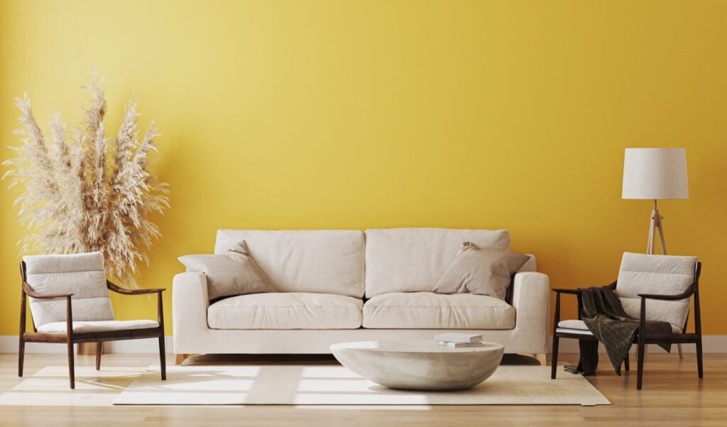 Yellow room interior with beige furniture