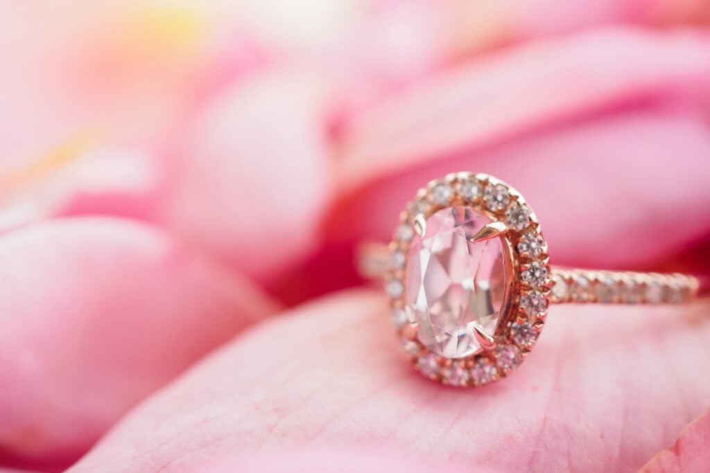 Closeup of pink diamond ring