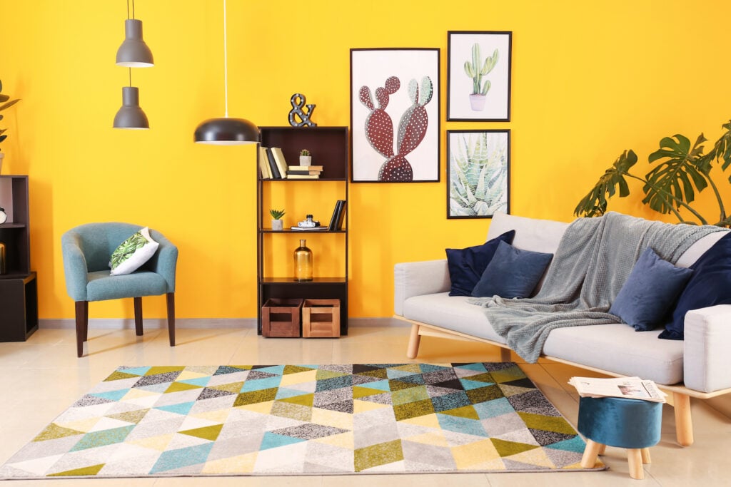 Bright yellow interior of living room.