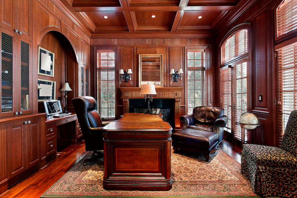 Mahogany library with large desk.