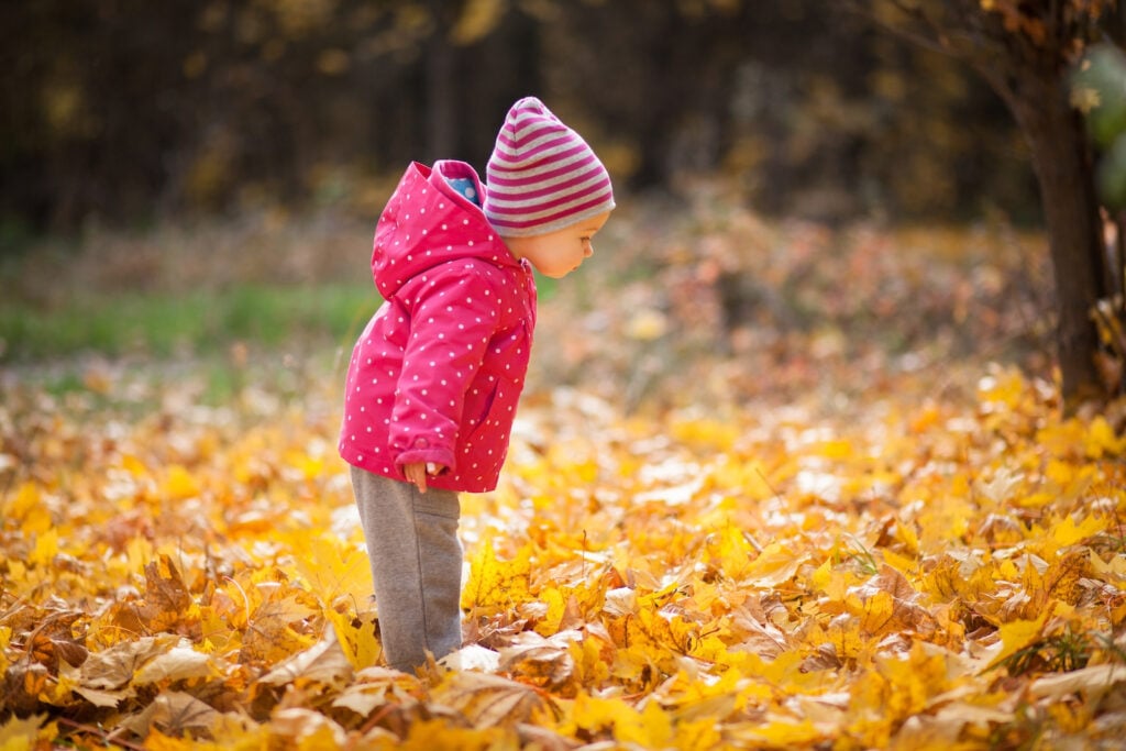 Toddler in pink outfit by leaves