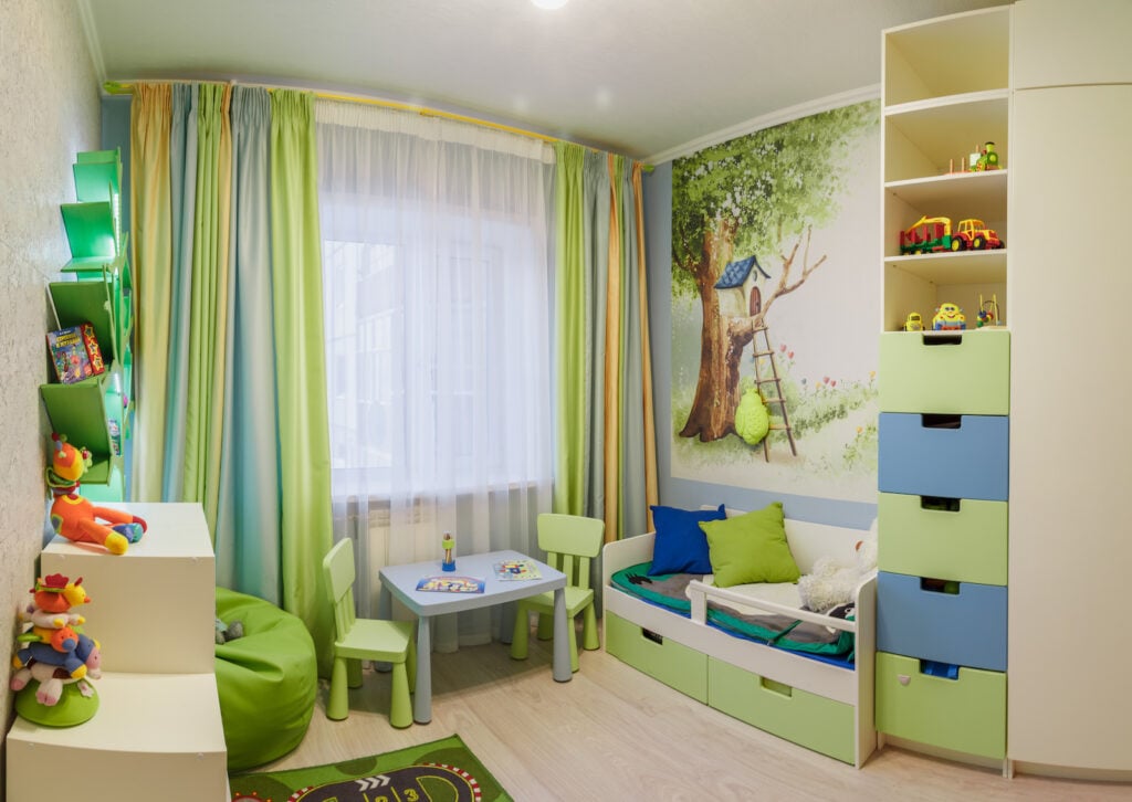 Children's room decorated in lime green colors.