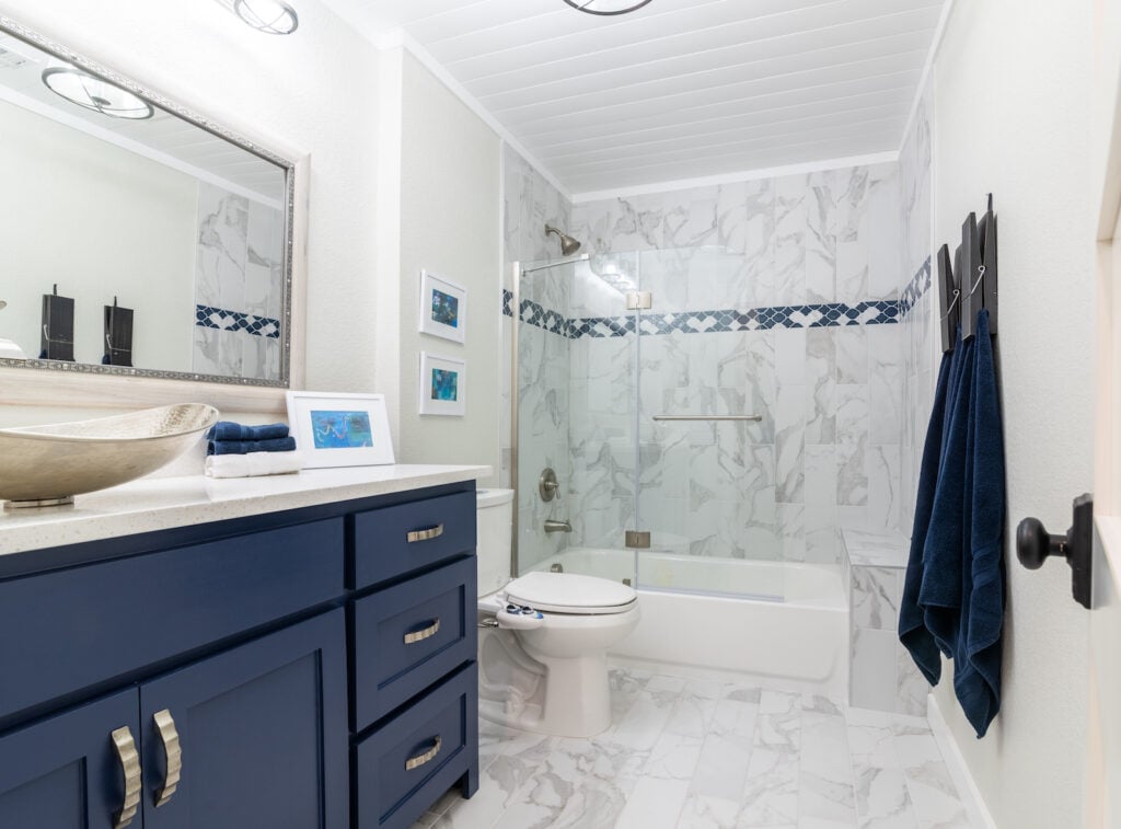 Navy, white and grey modern bathroom.