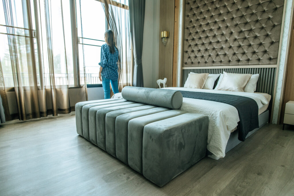 Bedroom with olive green tones.
