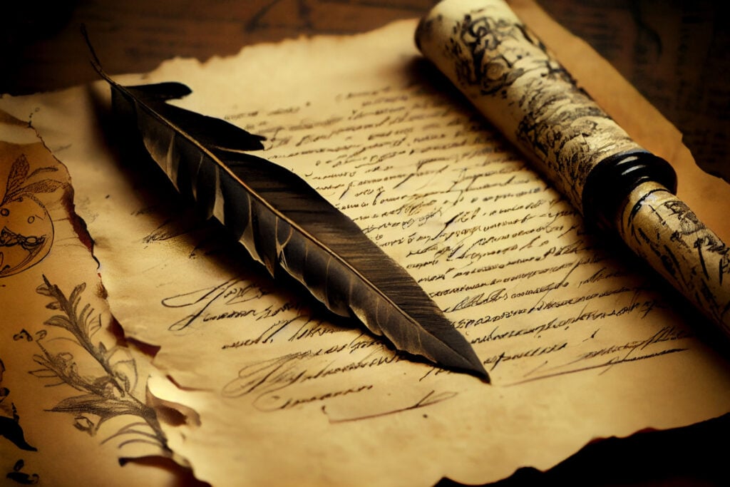Old letter on ink with black feather pen.