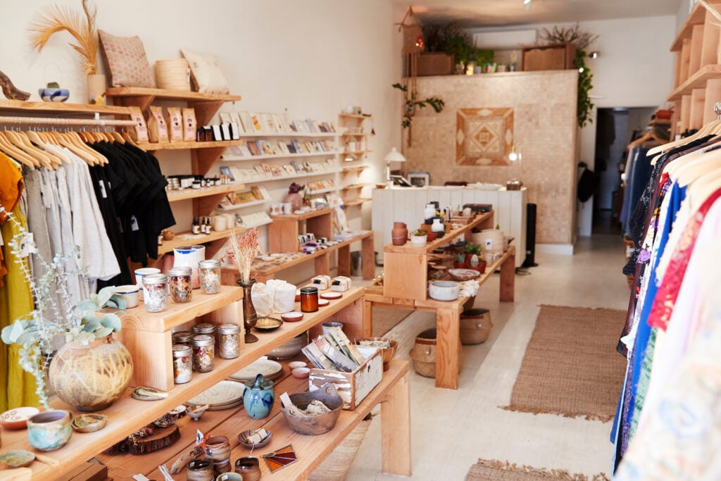 Interior of gift shop with handmade pottery and other goods