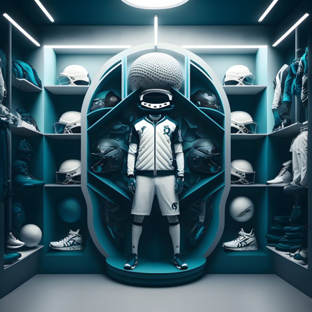 Interior of futuristic sports store with football helmets; teal and white color scheme