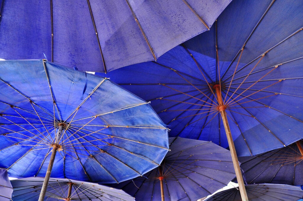 Several indigo umbrellas