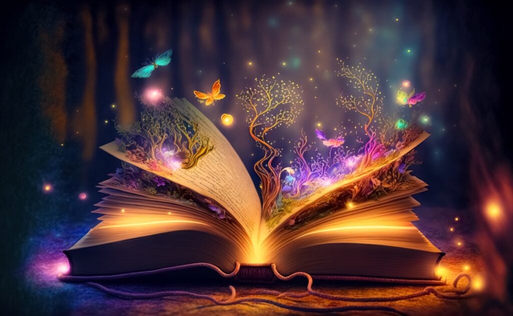 Open magic book with colorful lights and butterflies