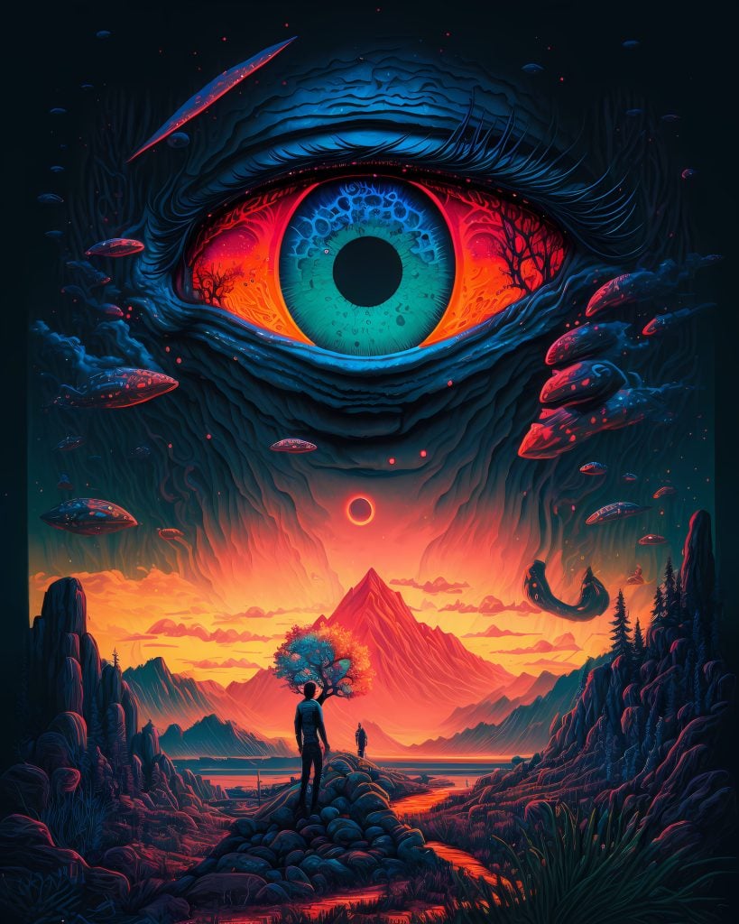 In an abstract dream, a person stands beneath a floating eye and looks toward a tall orange mountain