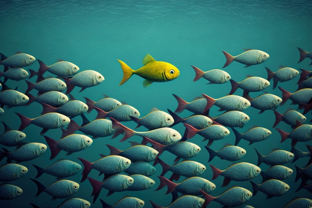 School of blue fish swimming with one yellow fish who stands out