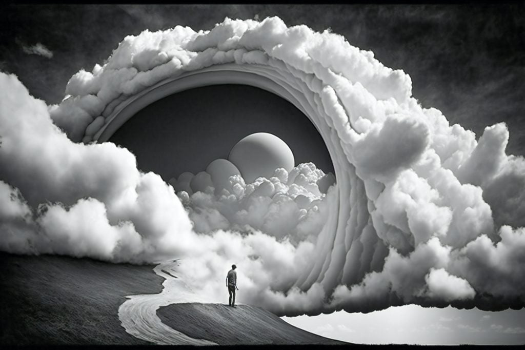 A dreamlike image shows a person on a path beneath a white arch of clouds