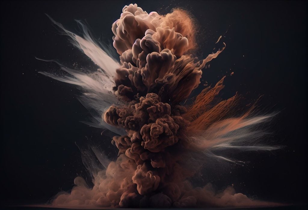 A vivid illustration of an explosion with billowing brown smoke on a black background