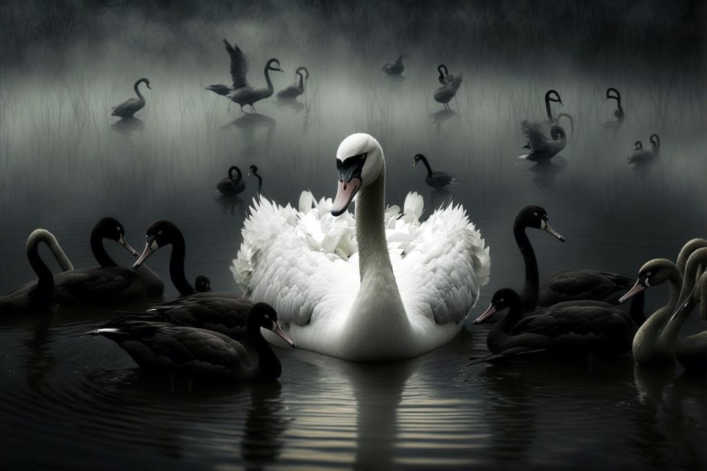 An illustration of a large white swan surrounded by smaller black swans on a dark background