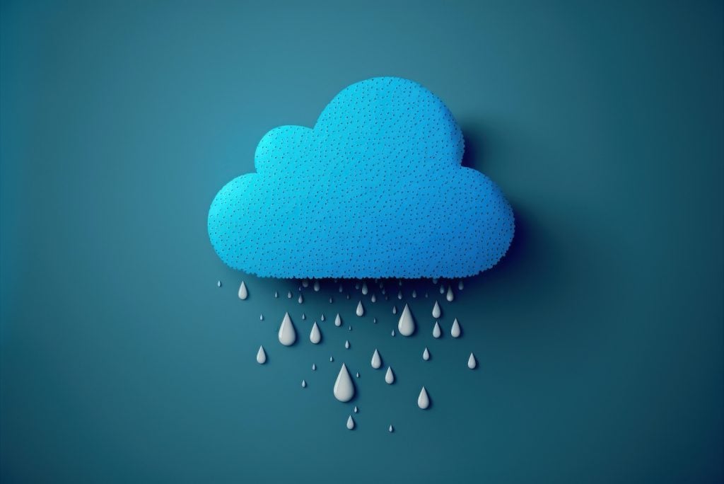 An illustrated blue cloud rains against a dark blue background