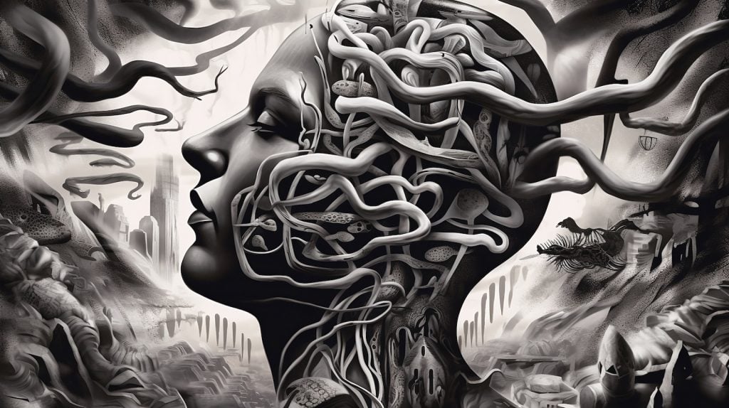 A surreal grayscale image of tree branches invading mind