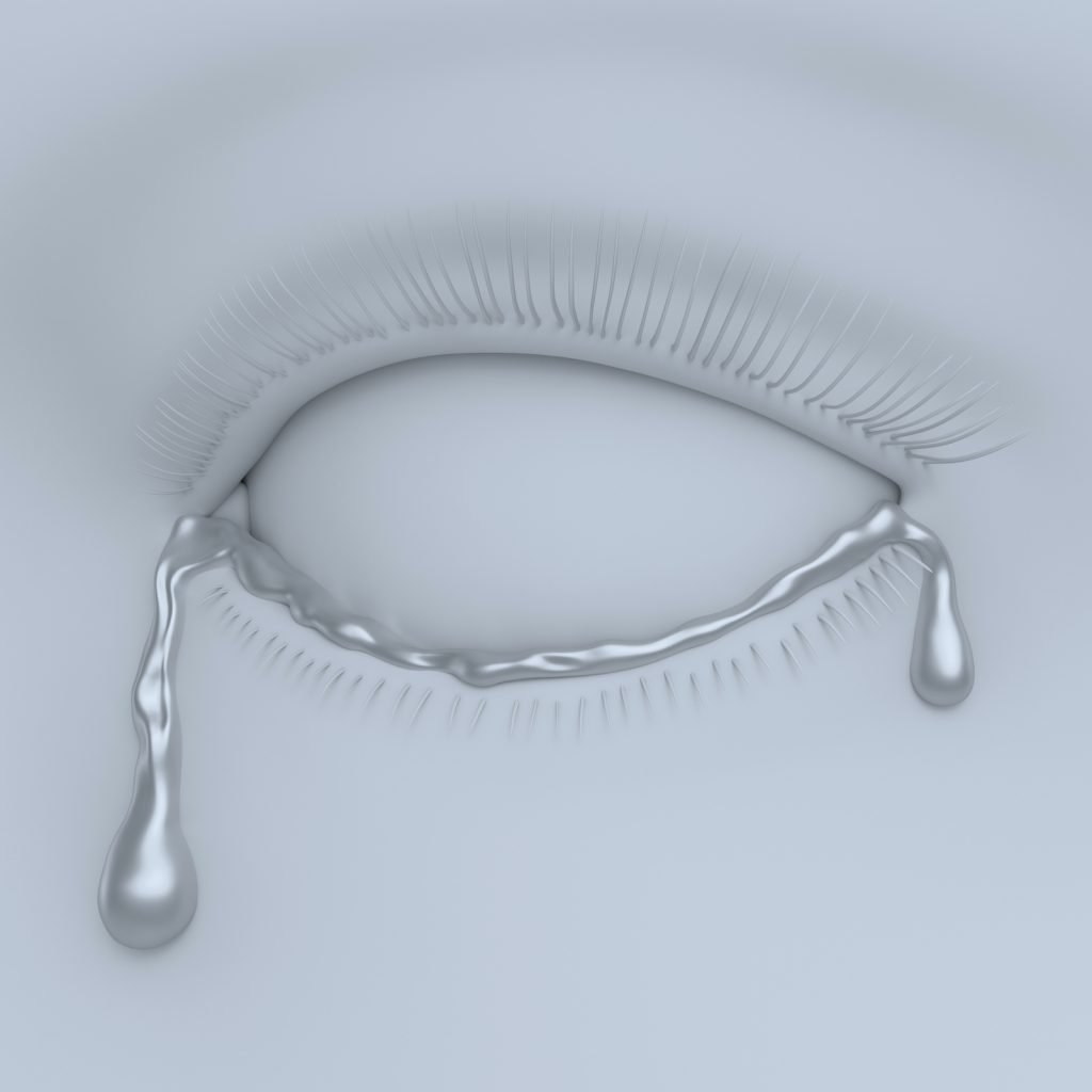 Image of a white eye on white skin lined with a silver tear