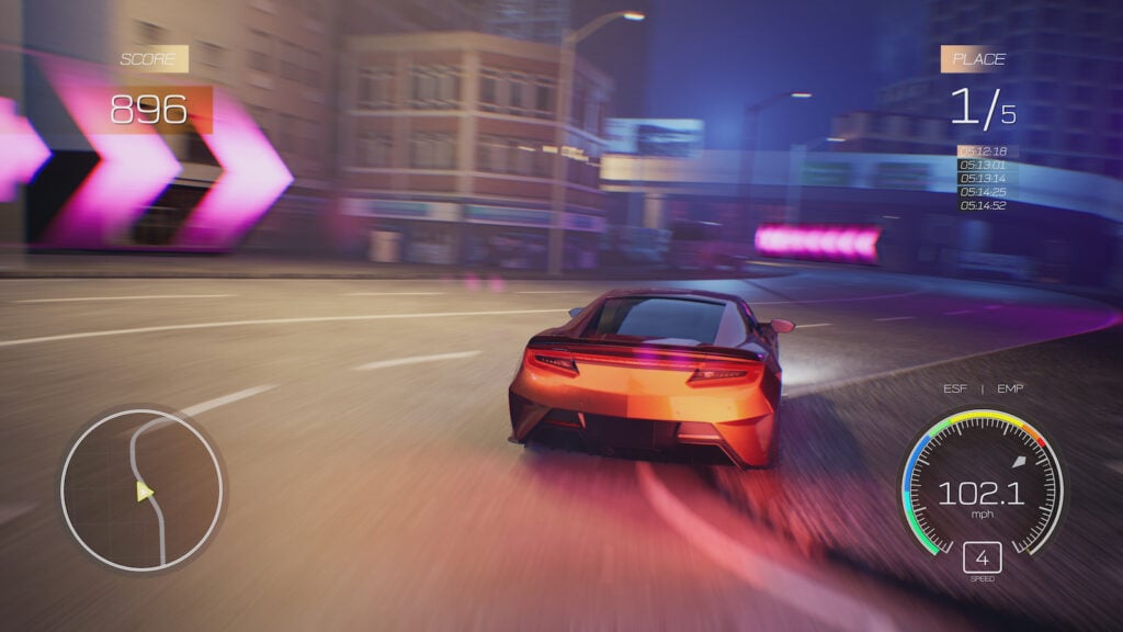 A still image of a car racing game where the user is guided by bright pink arrows