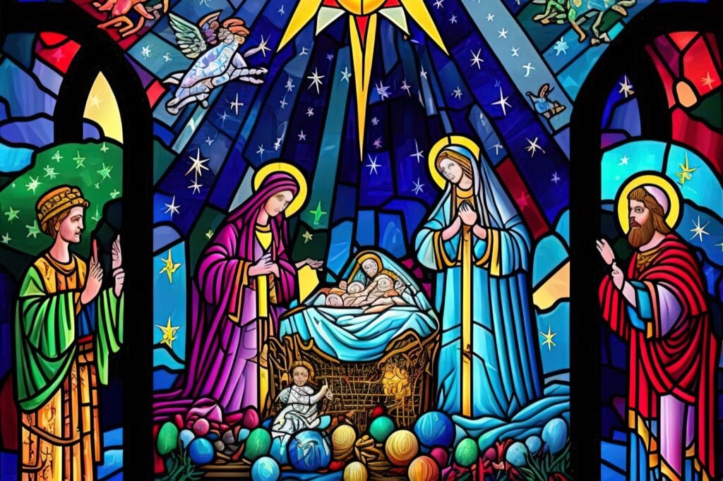 A colorful stained glass depiction of a Christmas nativity scene