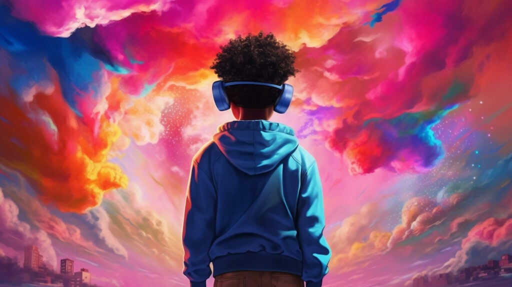 A painting-style image of a little boy with virtual-reality goggles staring into a colorful, dreamy world