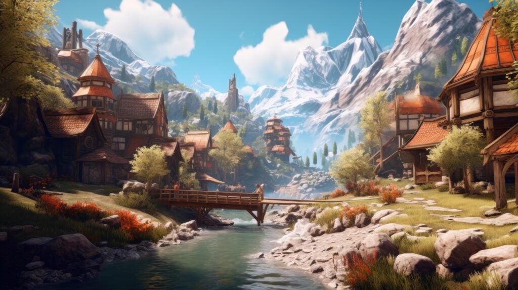 A colorful mountain town in a video game world
