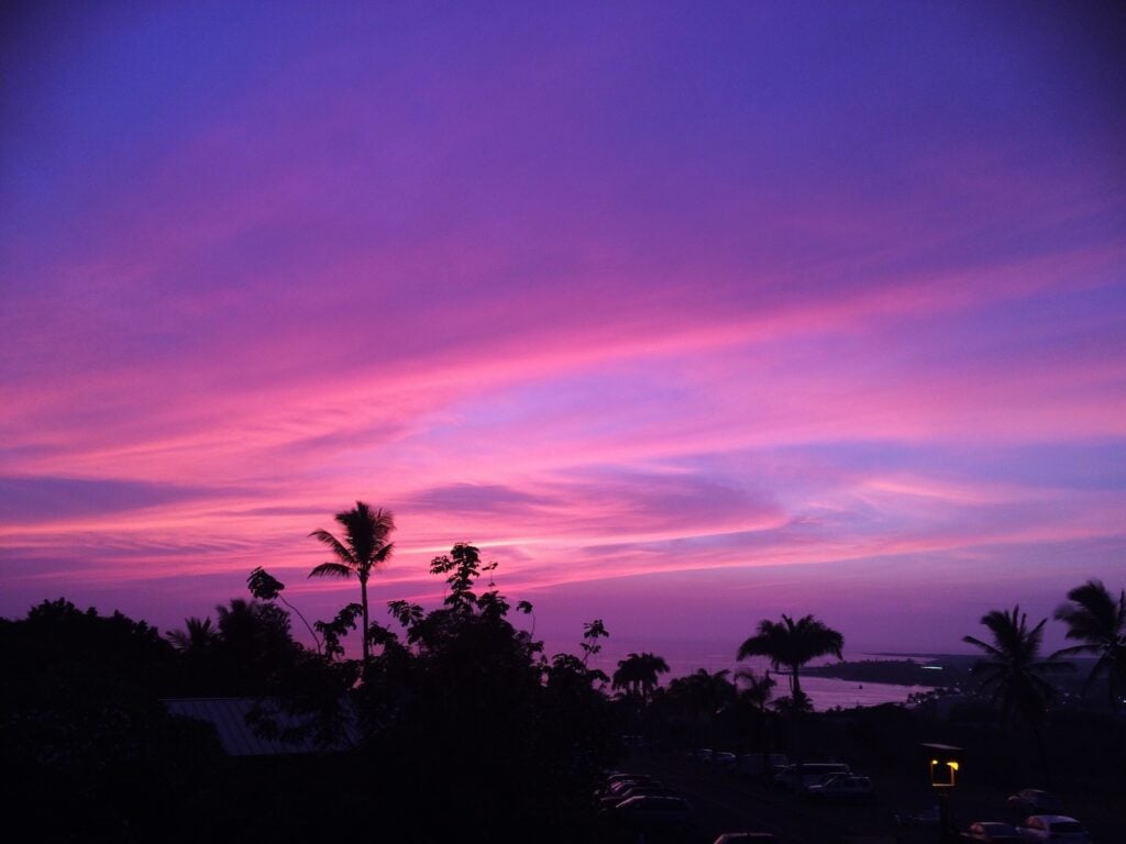 A picturesque pink and purple sunset with silhouettes of palm trees