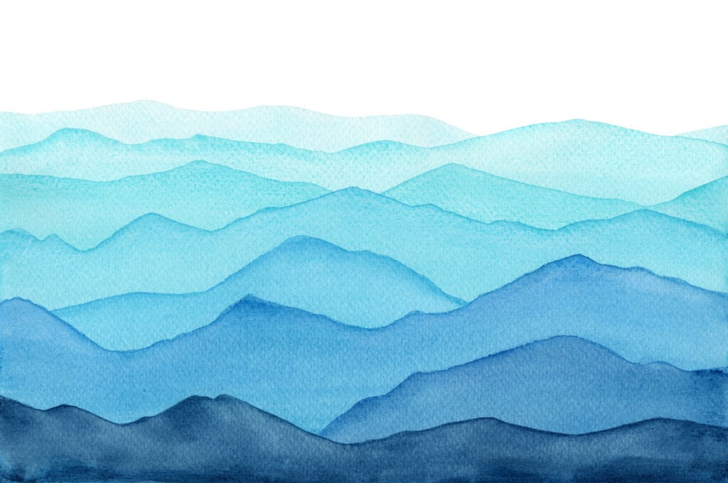 An abstract, watercolor-style image of contrasting blue mountains