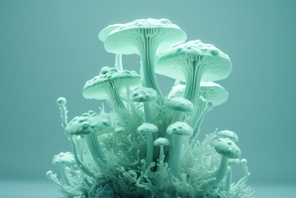 A fanciful illustration of mint green mushrooms against a teal background