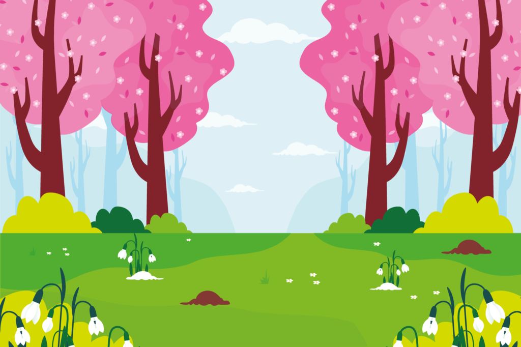 Colorful illustration of forest landscape in spring
