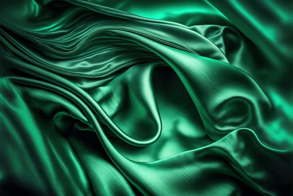 A close-up illustration of rumpled, satin-like emerald green fabric