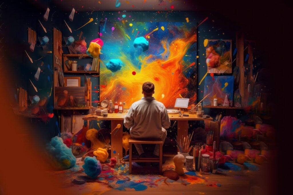 A designer sits at a desk surrounded by bursts of color