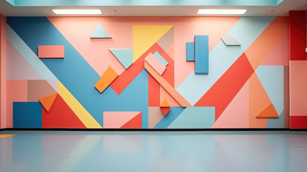 A colorful hallway with geometric, colorblocked pastel design