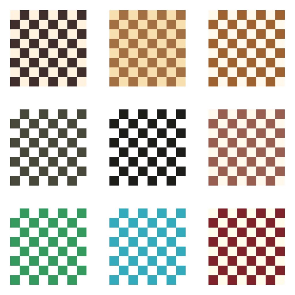 The same chessboard shown in nine different color schemes