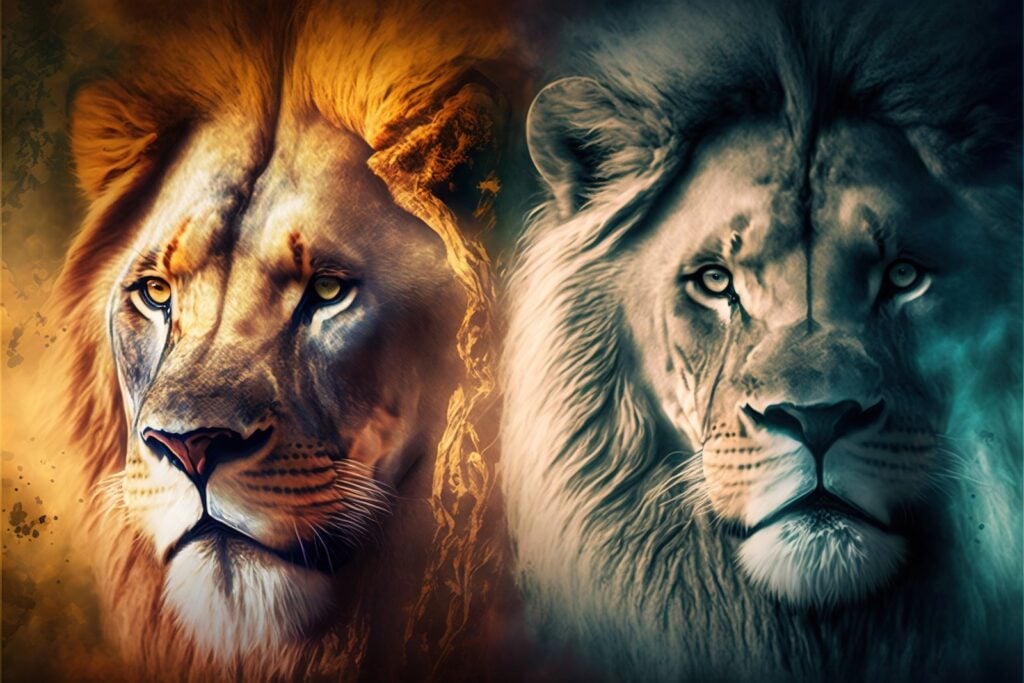 An illustration of two similarly shaded lions, each with a unique color scheme