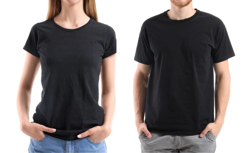 Man and woman wearing black t-shirts