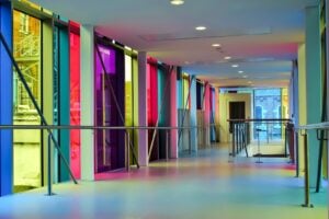Office with colorful glass windows