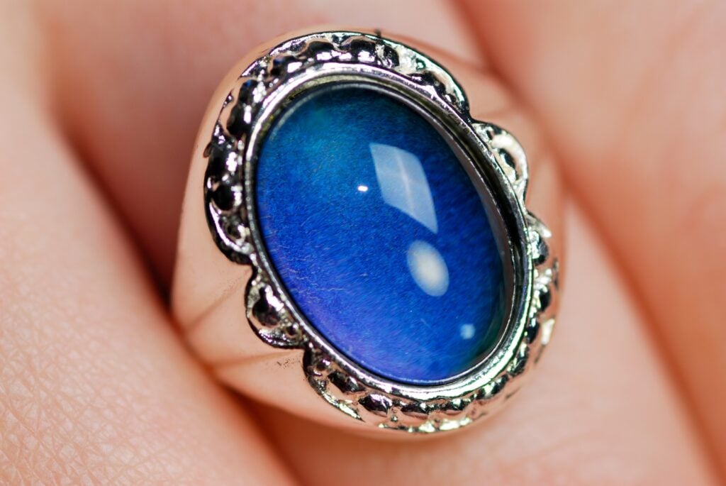 Close up of blue mood ring