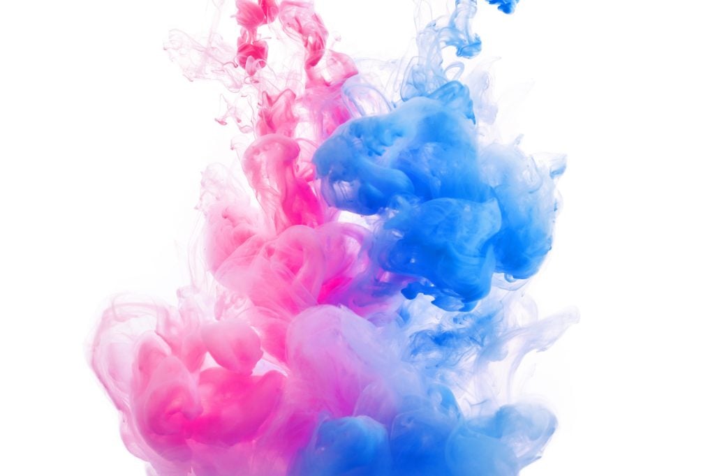 Blue and pink clouds on white background