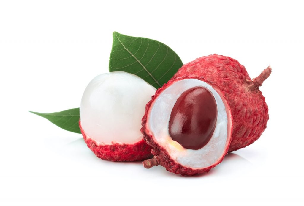 While the Lychee flesh itself is white, each fruit is covered with a bumpy, red, and inedible rind.