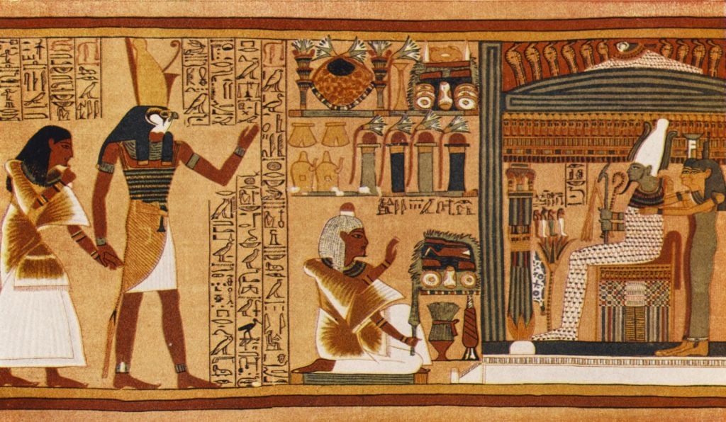Ancient Egypt judgment of the dead in the presence of the deity Osiris