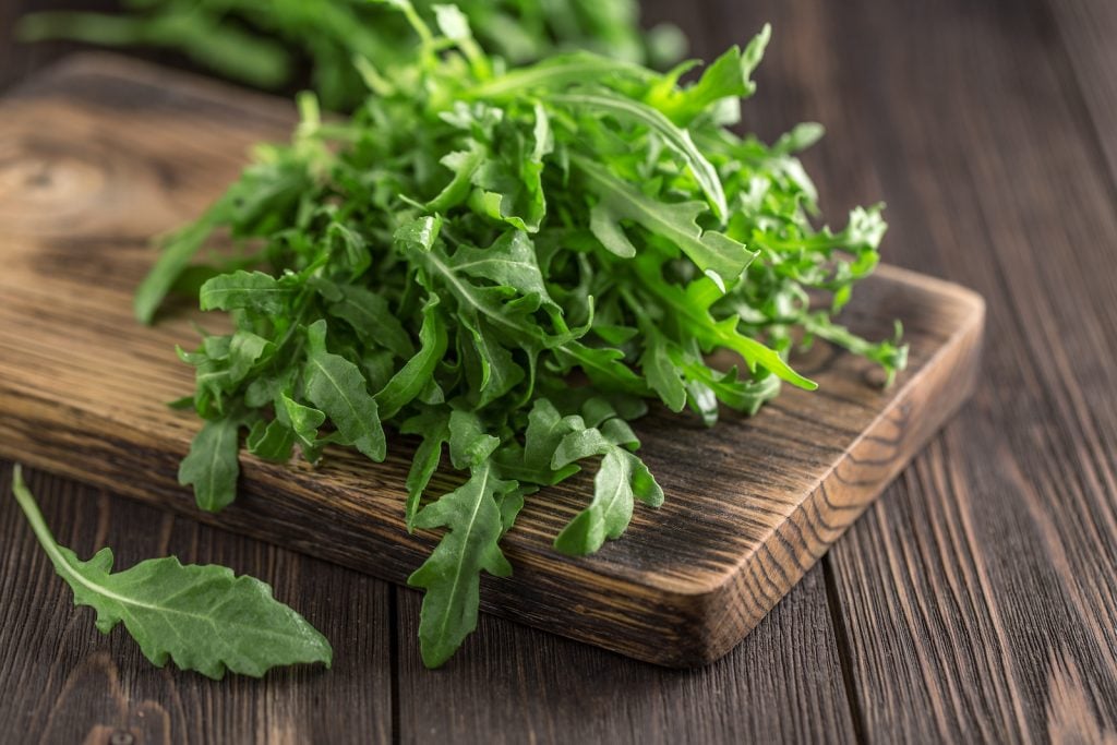 Fresh green arugula on a dark wooden chopping board