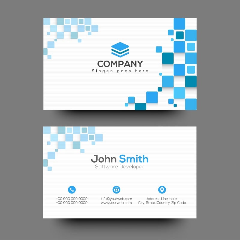 business cards in white and blue